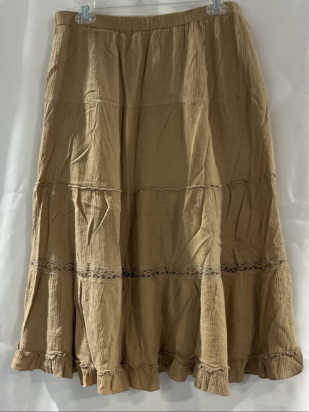 Boho Tiered Maxi Skirt in Tan with Lace Accent